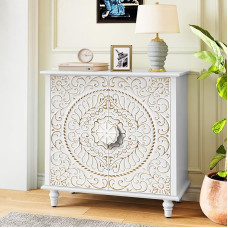 ARTPOWER Accent Cabinet with 2 Doors, Decorative Storage Cabinet with Carved Floral Pattern, White Sideboard, Buffet Cabinet, Wood Credenza with Storage for Entryway, Living Room, Kitchen,