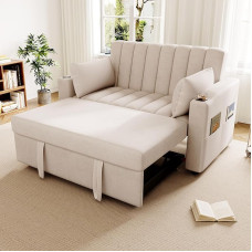 A ALFRESCOOL Multifunctional Sofa, Sofa Bed with Sleep Function, Double Sofa with Adjustable Backrest, with Drink Holder and Cushion, Suitable for Living Room, Bedroom, Apartment (Beige)