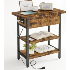 Fixwal Side Table with Charging Station, Flip Top Side Table with USB Ports and Outputs, Slim Bedside Table, Sofa, Coffee Table, Bedside Table for Living Room, Bedroom, Rustic Brown