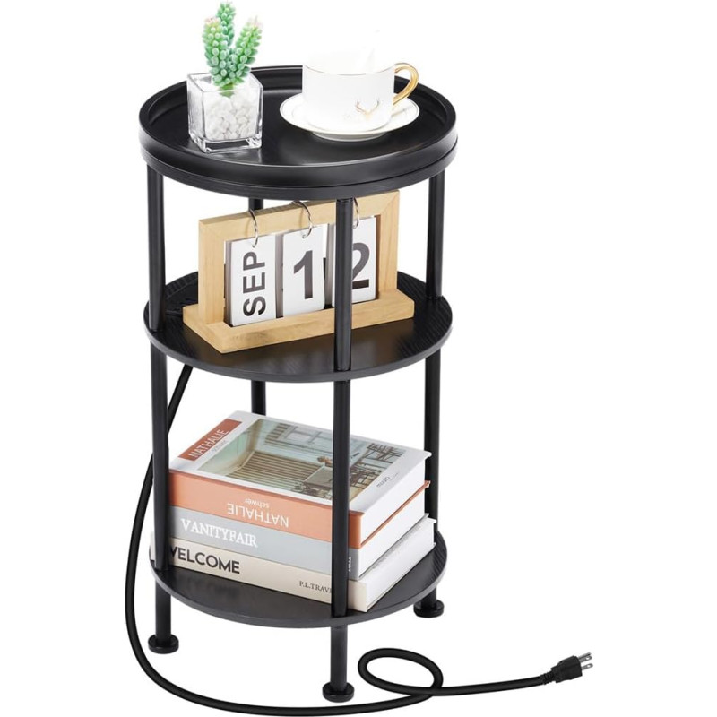 Small Round Side Table with Charging Station for Small Spaces, Round 3 Tier Table with USB Ports and Sockets, Tea Sofa Side Table for Living Room Bedroom