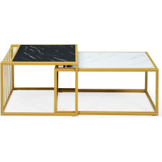 GIANTEX Set of 2 Side Tables Gold Coffee Table Various Sizes Sofa Table Living Room Table Folding Coffee Table Modern Design Imitation Marble Bedside Table with Golden Metal Frame
