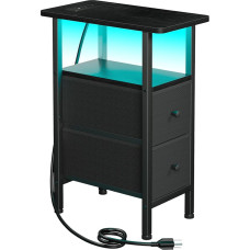 LOAKEKEL Schmaler Beistelltisch Wohnzimmer mit Ladestation, Skinny Beistelltisch mit Stoffschubladen, schmaler LED-Nachttisch für Schlafzimmer, kleine Räume, Couch, schwarz, HETNDP02LBK-1