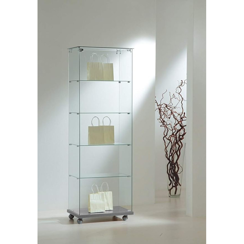 MHN Glass Display Cabinet without Frame D 40 x W 60 x H 180 cm - Narrow Display Cabinet Safety Glass Lockable - Sales Display Cabinet with Wheels - Without Lighting