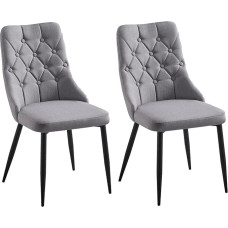 folkbury Set of 2 Folk Dining Chairs in Premium Linen Fabric with Buttons and Black Metal Legs - Light Grey