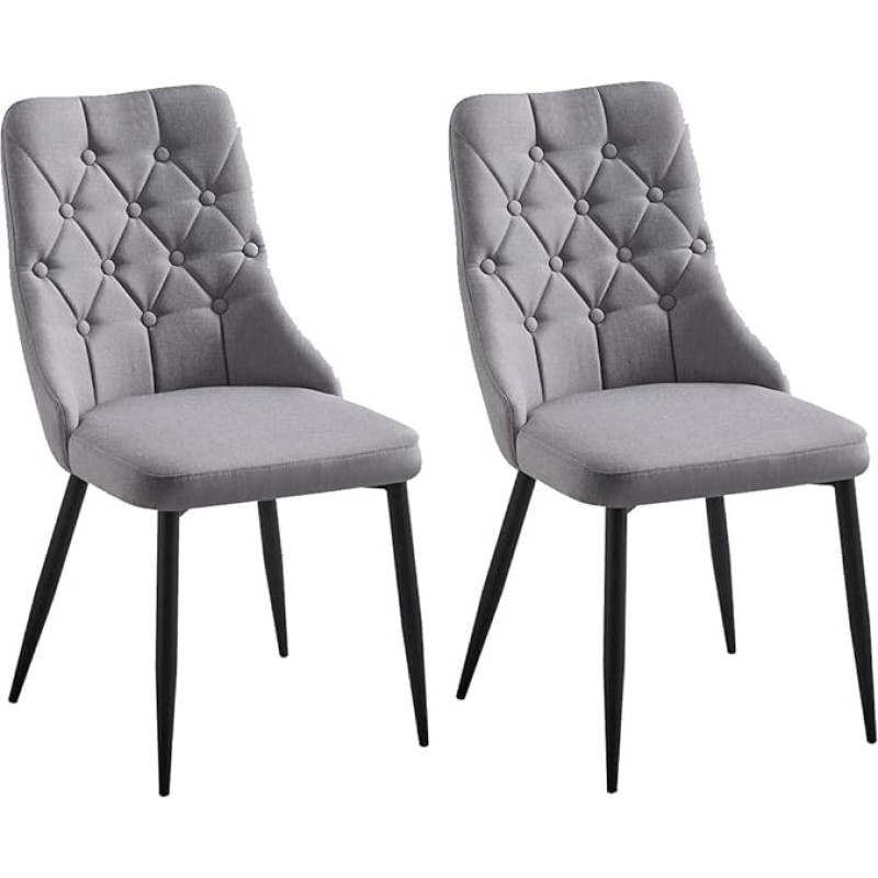 folkbury Set of 2 Folk Dining Chairs in Premium Linen Fabric with Buttons and Black Metal Legs - Light Grey