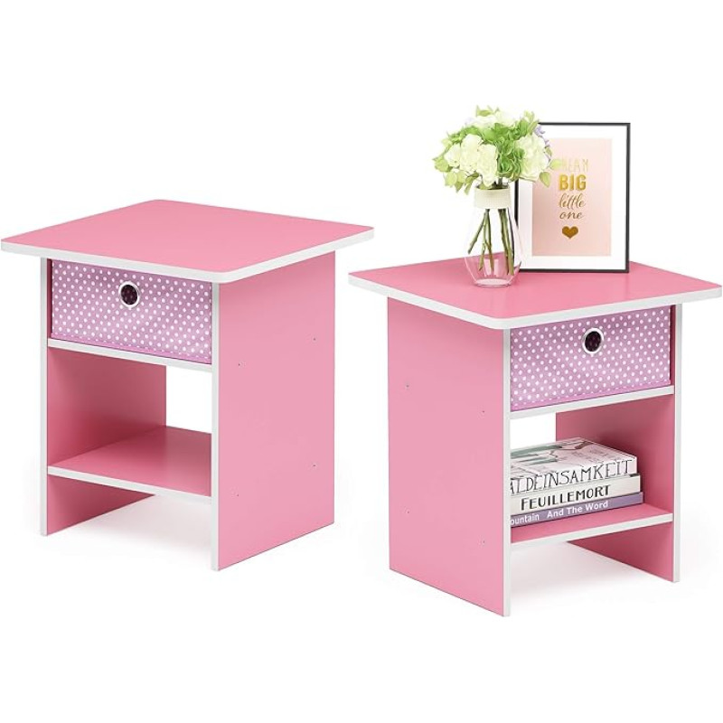 Furinno Dario Side Table / Bedside Table Storage Shelf with Drawer, Pink/Light Pink, 39.4 x 39.4 x 45.2 cm, Set of 2