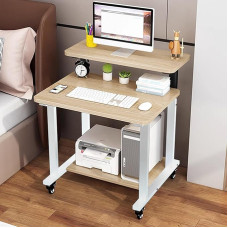 Computertisch mit Rollen, 3-stufiger Laptoptisch & Monitorständer, kompakter Bürotisch mit Ablageregalen – platzsparendes Design, perfekt für Zuhause & Büro