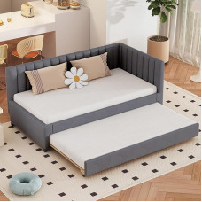 Generisch TOBIDOEN Upholstered Sofa Bed 90 x 200 cm with Trundle Bed, Sofa Bed with Slatted Frame, Headboard and Backrest, L-Shaped Sofa with Sleep Function, Daybed in Velvet Fabric, C (Grey)