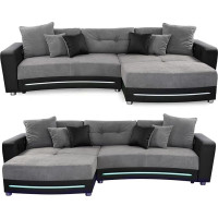 Multimedia 15411 Corner Sofa W 322 x D 190 x H 88 cm with RGB LED Lighting Sound System Including Bluetooth, USB, AUX-in, Couch Can be Mounted Mirror-Inverted, Black Faux Leather Body and Microfibre