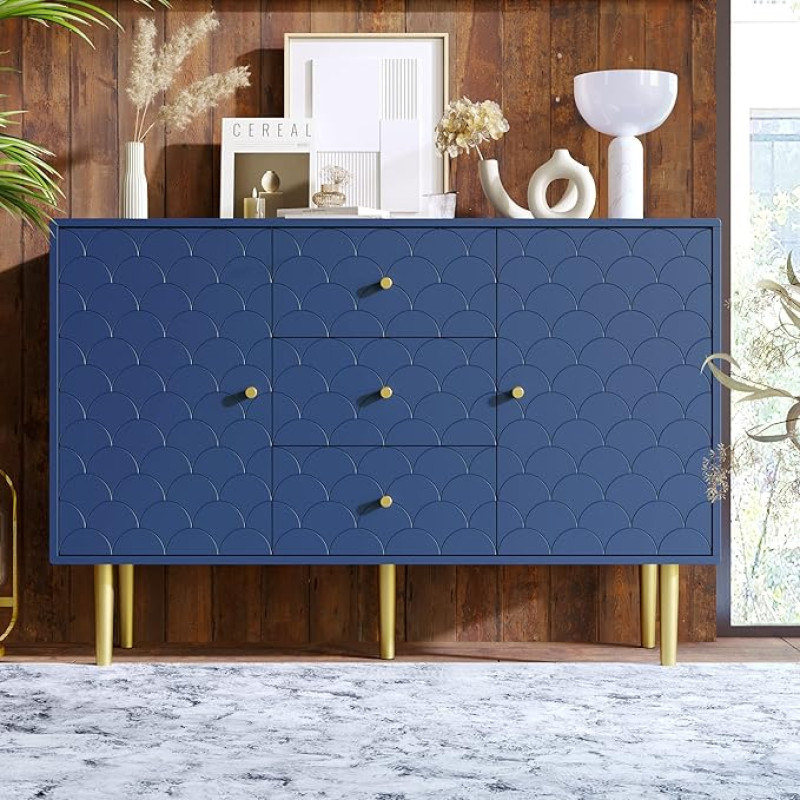 BTM Chest of Drawers with 2 Doors and 3 Drawers Adjustable Shelf for Living Room Bedroom Navy Blue H82/W120/D40cm