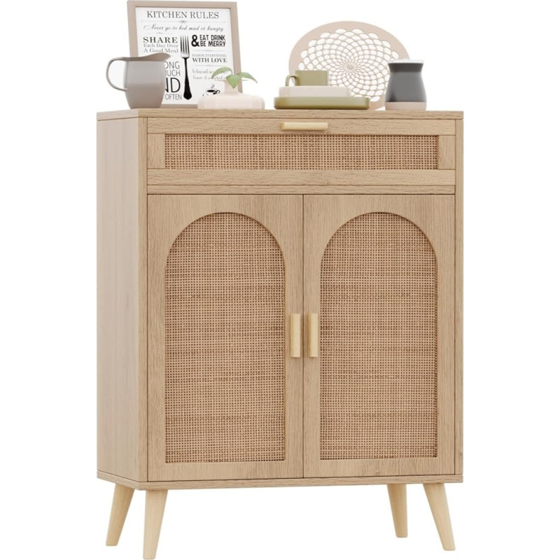 Irontar Rattan Buffet Sideboard Cabinet with Storage Space, Coffee Bar Cabinet, Boho Credenzas with Drawer, Kitchen Cabinet, Accent Cabinet with Doors for Hallway, Living Room, Dining Room, Natural
