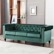 RETRIN 3-Seater Sofa, Velvet Sofa, 3-Seater Couch for Living Room with Elegant Button Stitching and Typical Armrests, Wooden Frame, Metal Legs, Modern Design, 206 x 75.5 x 77 cm, Green