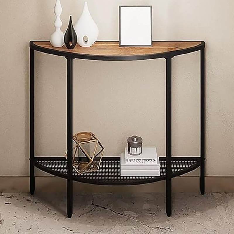 Console Table with Metal Frame for Hallway and Living Room - Adjustable Feet Wooden Sofa Table Semicircular Entrance Table