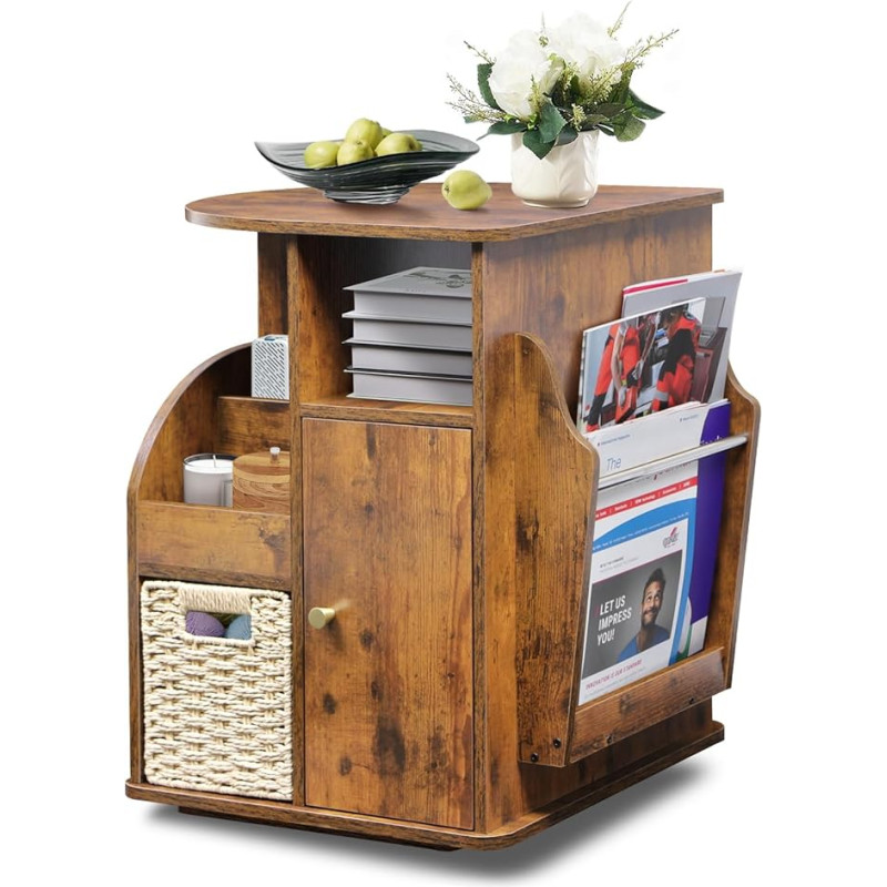 Caredear Rotating Side Table with Storage Space, Side Table with Magazine Holder, Rotating Side Table Living Room, Basket and Cabinet, Sofa Side Tables with Open Shelf (Rustic Brown)