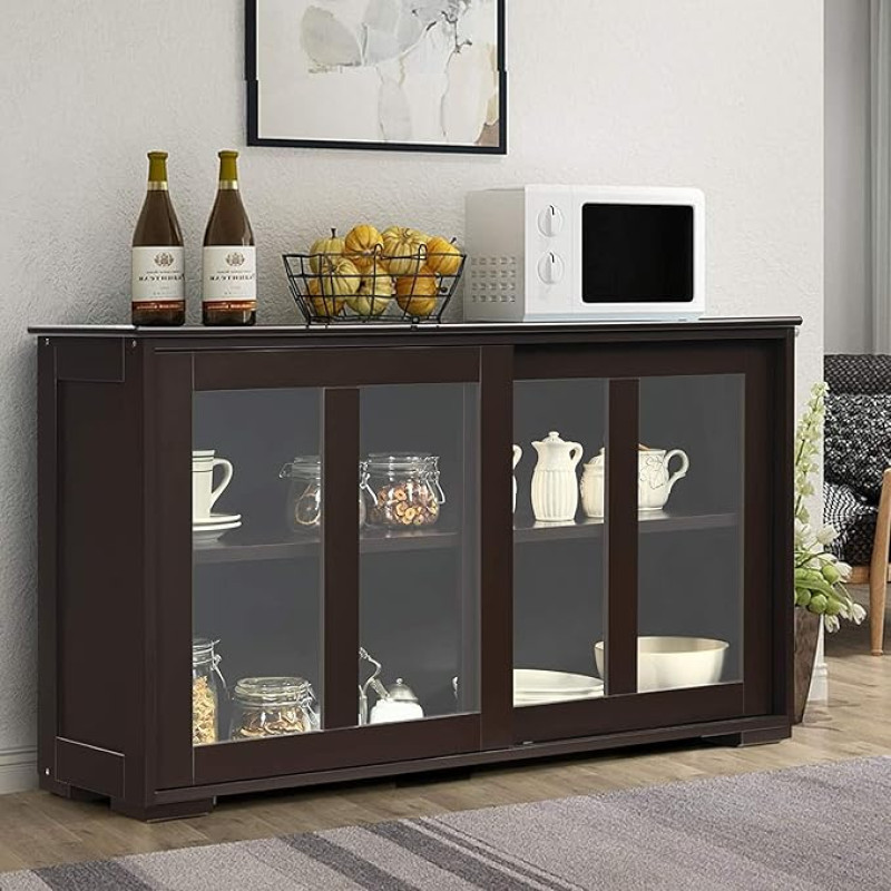 FANTASK Kitchen Cabinet Sideboard, Stackable Cabinet with Height-Adjustable Shelf and 2 Transparent Sliding Doors, Sideboard for Kitchen, Dining Room, Living Room, Hallway, Office (Coffee)