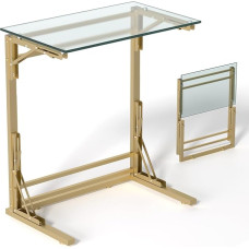 Tatub Folding TV Tray 24 Inch C Shape Glass Side Table for Couch Small Sofa Laptop Desk with Gold Metal Frame for Living Room Bedroom Bedside Table
