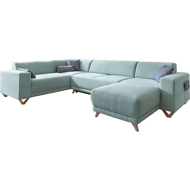 MIUFORM Corner Sofa U-Shape with Sleep Function and Bed Box, Classy Sophie, Living Load, Couch, Sofa Bed, Living Room, Guest Room, Wooden Feet (Pastel Blue, Left Aligned)