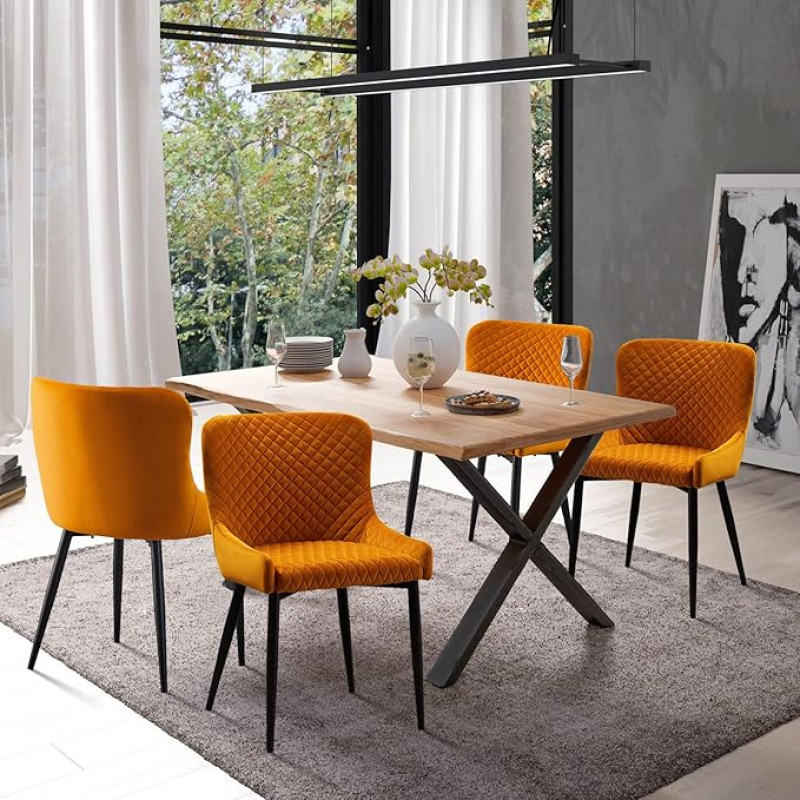 CLIPOP Velvet Dining Room Chairs, Set of 4, Padded Kitchen Chairs with Metal Legs, Living Room Reception Chairs for Dining Room, Restaurant (Orange)