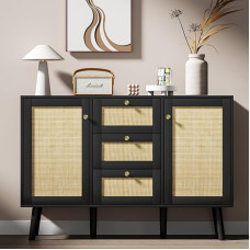 Giluta Black Storage Cabinet Rattan Sideboard Cabinet Kitchen Cabinet with Drawers and Shelves Farmhouse Cabinets for Dining Room Living Room