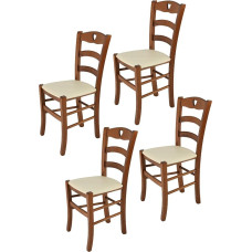 Tommychairs - Set of 4 Cuore Chairs for Kitchen and Dining Room, Structure Made of Lacquered Beech Wood in Light Nut Brown and Padded Seat Covered with Faux Leather in Ivory