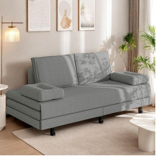 Two-Seater Sofa 90 x 200 cm with Backrest and Folding Mattress, Padded Sofa Bed 180 x 200 cm with Wheels, Single Bed Day Bed Extendable to Double Bed, Sofa Pull-Out Bed, Linen Fabric (Grey)