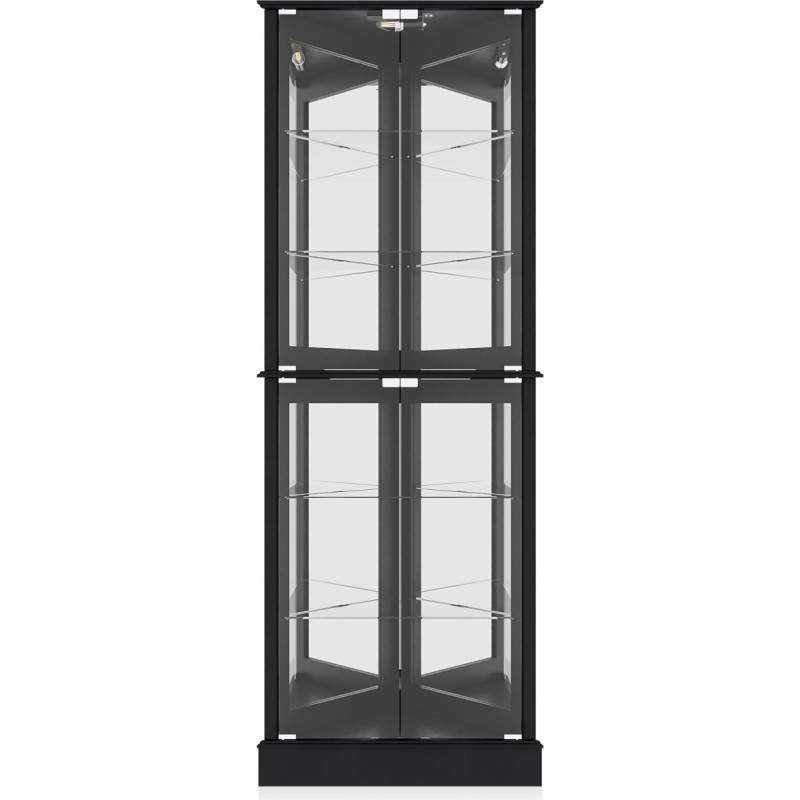 BELLEZE Illuminated Accent Display Tempered Glass Doors and Shelves Classic Wooden Cabinet with Bulb Corner Shelf for Living Room Bedroom and Kitchen Woody (Black)