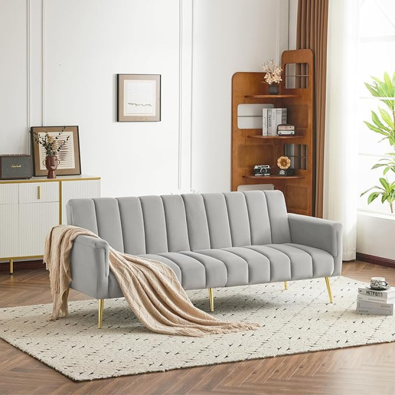 Merax Folding Sofa Bed, Large Couch Sofa with Sleep Function, 220 x 104 cm Size (External), Adjustable Backrest and Armrests, Perfect for Living Room, Bedroom, Home Cinema, Velvet Grey