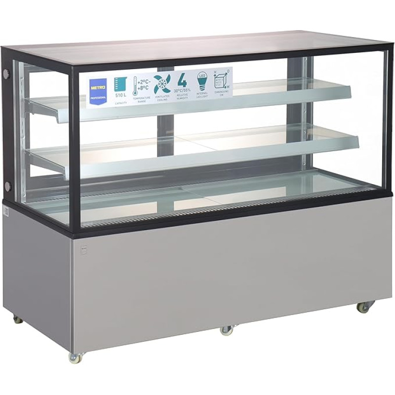 METRO Professional GCV1470 Deli Cooling Display Cabinet, Stainless Steel/Tempered Glass, 151.5 x 67.5 x 121 cm, 510 L, Ventilated Cooling, 490 W, Sliding Doors, on Wheels, Silver, Climate Class 4