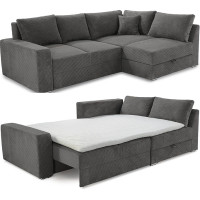 Corner Sofa Long-Lasting Sleeper B260/T181/H88 cm Spring Core Box Spring System Including Sleep Function Bed Box Cold Foam Topper, Ottoman Can Be Mounted Left or Right, Cord Cover in Grey Anthracite
