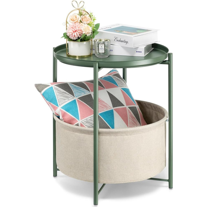 danpinera Round Side Table with Fabric Storage Basket, Metal Side Table, Small Bedside Table with Removable Tray for Living Room, Bedroom, Children's Room, Dark Green