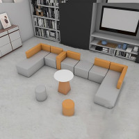 BEDOIN Modulares Kombinationssofa, Große Rückenlehnen-Sofas, Couch-Couchtisch-Rundhocker-Kombination, Kratzfestes Stoff Für Büro-Service-Center-Hall-Bibliothek-Empfang grey-380 * 160cm