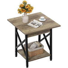 GreenForest Side Table 24 Inch for Living Room Large Square Side Tables with X Frame Tall Industrial Bedside Table with 2 Tier Storage, Grey Wash