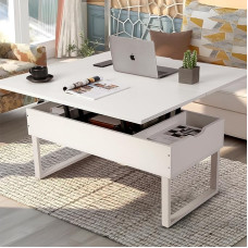 VOWNER Coffee Table Height Adjustable, 3-in-1 Multifunctional Living Room Table with Hidden Storage, Coffee Table Convertible into Living Room Dining Table (White)