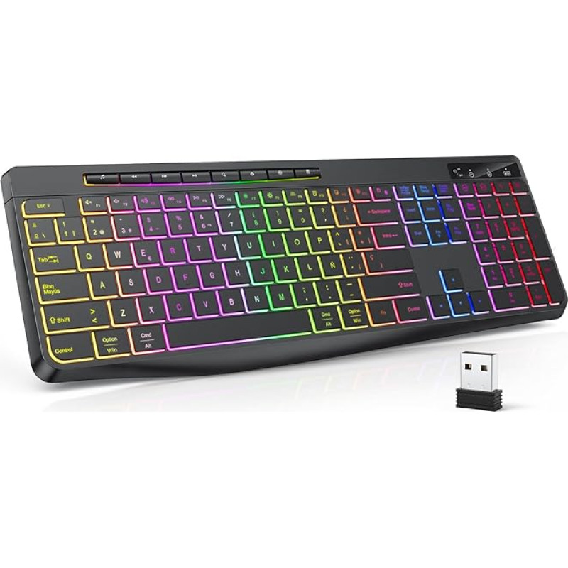 TECURS Wireless Gaming Keyboard Silent Spanish Keyboard Ergonomic Waterproof 2.4GHz LED Illuminated Keyboard for PC/Computer/Mac/Windows with Multimedia Keys