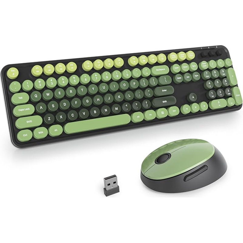 SOLIDEE Wireless Keyboard and Mouse Combination, Retro Typewriter Keyboard, 2.4 GHz Round Keycap with Numeric Keypad, 104 Keys Ergonomic (American QWERTY) (DarkGreen Gradient)
