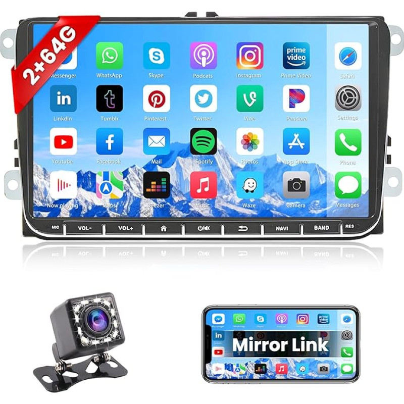 2+64G Android Car Radio for VW Golf 5 Golf 6 Skoda Passat B6 Passat B7 Radio 9 Inch Touch Display Car Stereo with GPS WiFi Mirror Link Bluetooth Reversing Camera Mic