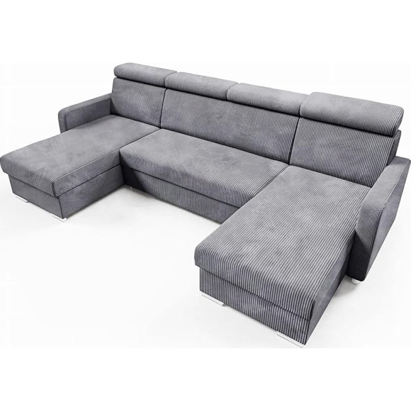 LIKMA Grey Mako U-Shape Corner Sofa, 274 x 165 cm with Sleep Function (254 x 125 cm), Corner Couch with Bed Box and Adjustable Headrests, Living Landscape Sofa with Storage Space, Upholstered
