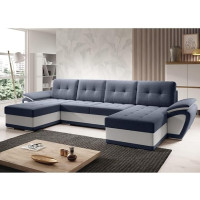 MODERNO Living Room Landscape Sofa with Sleep Function Enzo U - Sofa U-Shape with Bed Box - Modern Corner Sofa Bed - Quilted Sofa Bed - Two-Tone Sofa Bed - Dark Blue/White
