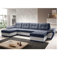 MODERNO Living Room Landscape Sofa with Sleep Function Enzo U - Sofa U-Shape with Bed Box - Modern Corner Sofa Bed - Quilted Sofa Bed - Two-Tone Sofa Bed - Dark Blue/White