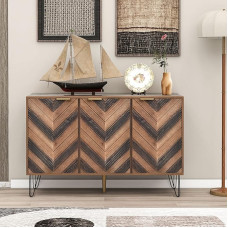 BTM Sideboard, Exclusive Sideboard with Three Doors, Stylish Details and Generous Storage Space. Solid Wood Veneer Door, Concave and Convex Feel. Contains Laminates. Smaller with Golden G