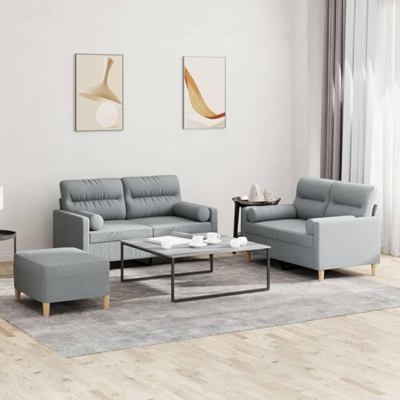 SECOLI Sofas Set 2 Seater + 2 Seater + Footstool Sofa Set 2 2 1 Living Room Sofa Living Room Sofas & Couches 2 2 1 Set Light Grey Fabric 2-3 Pieces