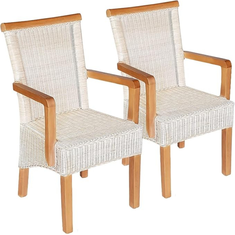 Dining Room Chairs Set of 2 with Armrests Rattan Chairs White Perth Rattan Wicker Chairs Sustainable Colour without Seat Cushion