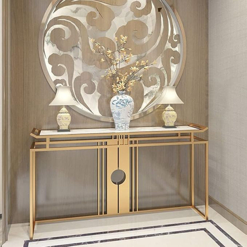 XAoSCd 11 Inch Wide Glamour Accent Table Made of Stone Gold, Rectangular Console Accent Table, New Chinese Style Marble Porch Table, Lobby Club Decoration Table, Tabletop