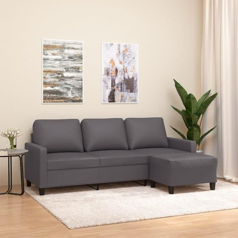 SECOLI 3-Seater Sofa with Stool 3-Seater Couch 3-Seater Sofa Lounge Couch Sofas & Couches Grey Faux Leather 3-Seater with Stool