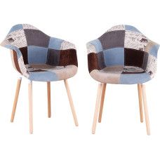 GrandCA HOME Set of 2 Armchairs with Patchwork Fabric Cushions, Dining Room Chairs, Wooden Legs for Kitchen, Living Room, (Brown A5)
