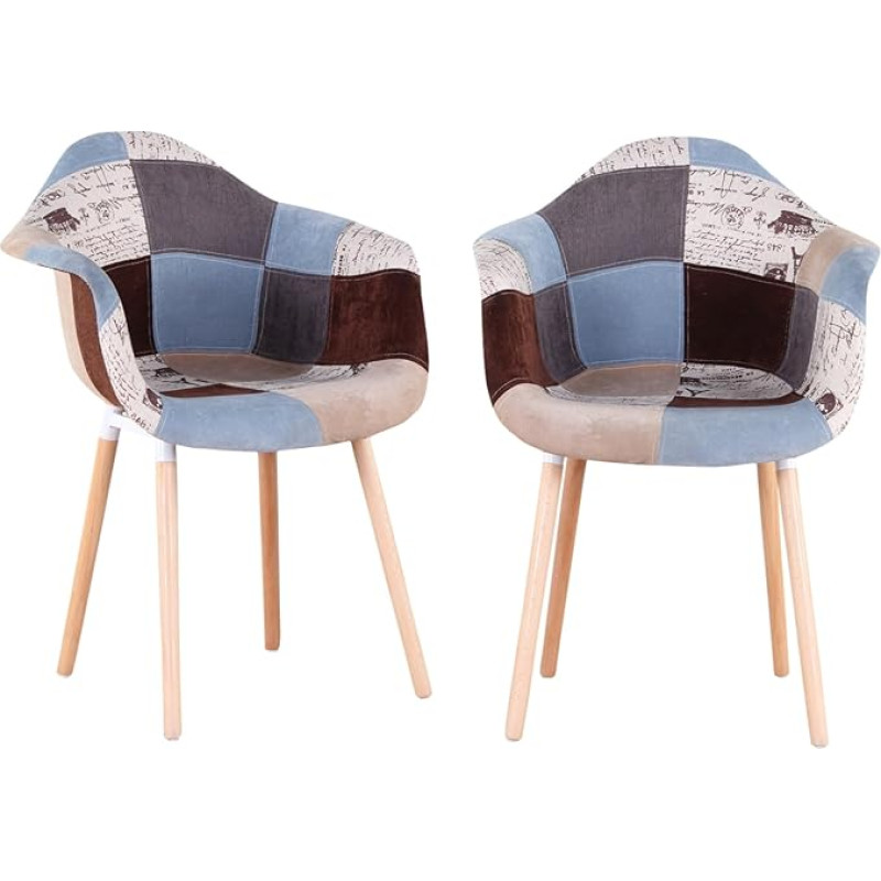 GrandCA HOME Set of 2 Armchairs with Patchwork Fabric Cushions, Dining Room Chairs, Wooden Legs for Kitchen, Living Room, (Brown A5)