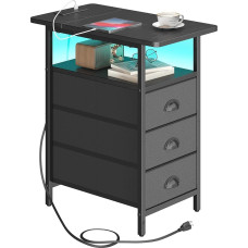 sthmec Beistelltisch mit Ladestation, LED-Beistelltische mit USB-Anschlüssen und Steckdosen, schmaler Nachttisch mit 3 Schubladen, PU-Finish für kleinen Raum, schmaler Sofatisch für Wohnzimmer