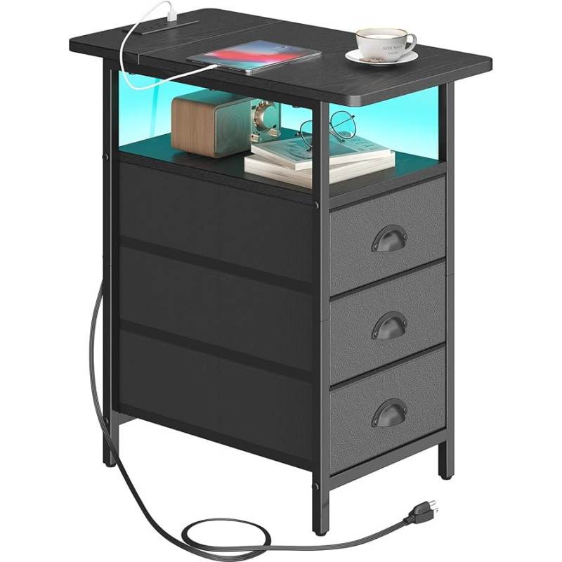 sthmec Beistelltisch mit Ladestation, LED-Beistelltische mit USB-Anschlüssen und Steckdosen, schmaler Nachttisch mit 3 Schubladen, PU-Finish für kleinen Raum, schmaler Sofatisch für Wohnzimmer