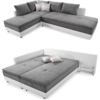 Spring Core Corner Sofa B306/T223/H95 cm Long Sleeper, Double Bed Sleep Function, Cold Foam Topper, Bed Box, Shelf, Swivel Part Right, Microfibre Cover Light Grey, Body Faux Leather White / 15104