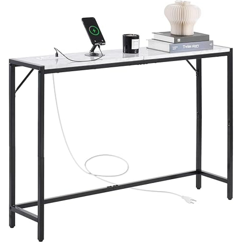 VEVOR Marble Console Table, Modern Long Hallway Table (110 cm) with Socket, Thin Sofa Side Table with Iron Pipes, Tilt Protection & Triangular Support for Living Room, Hallway, Entrance Area
